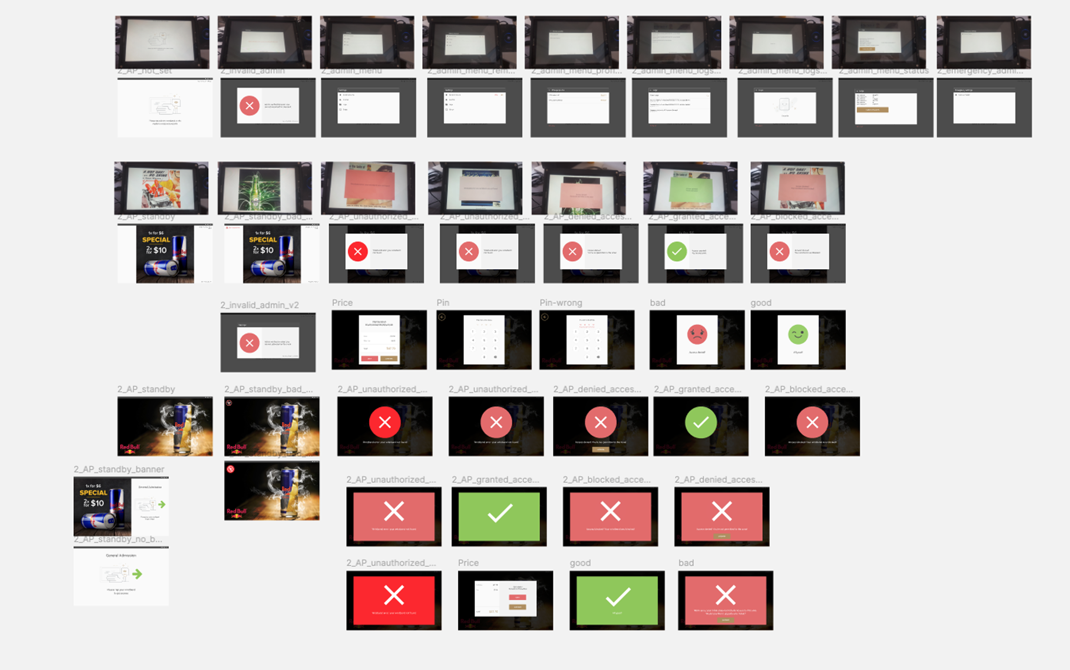 Figma canvas showing successive versions of the access control result screen