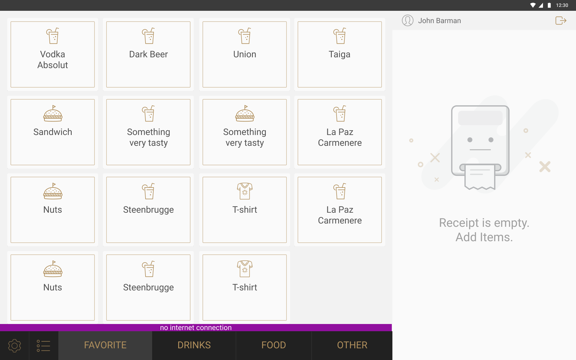 Bartender screen selling normally with a magenta offline bar across the bottom