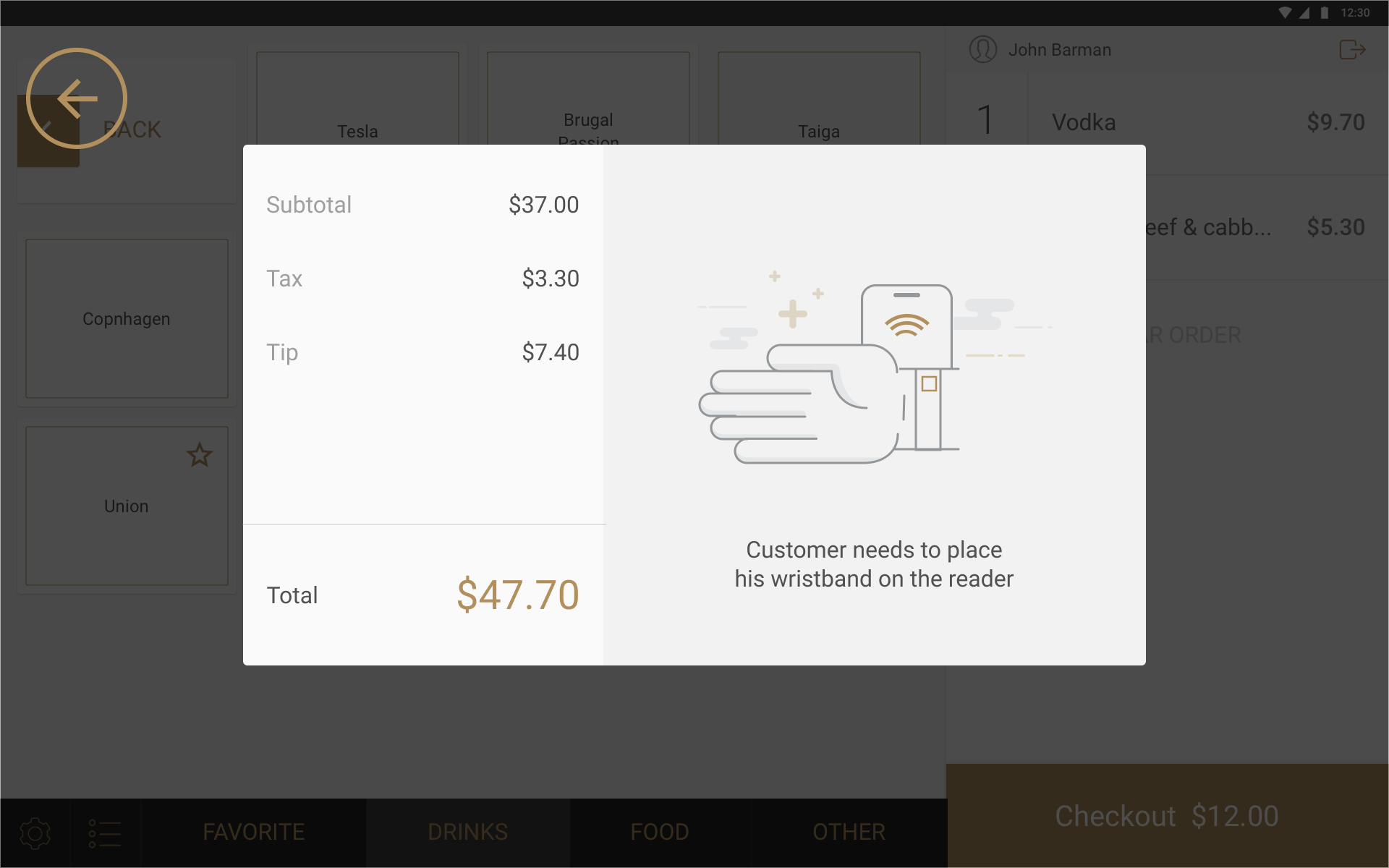Bartender screen at checkout, showing subtotal, tax, tip and total, waiting for the guest to tap