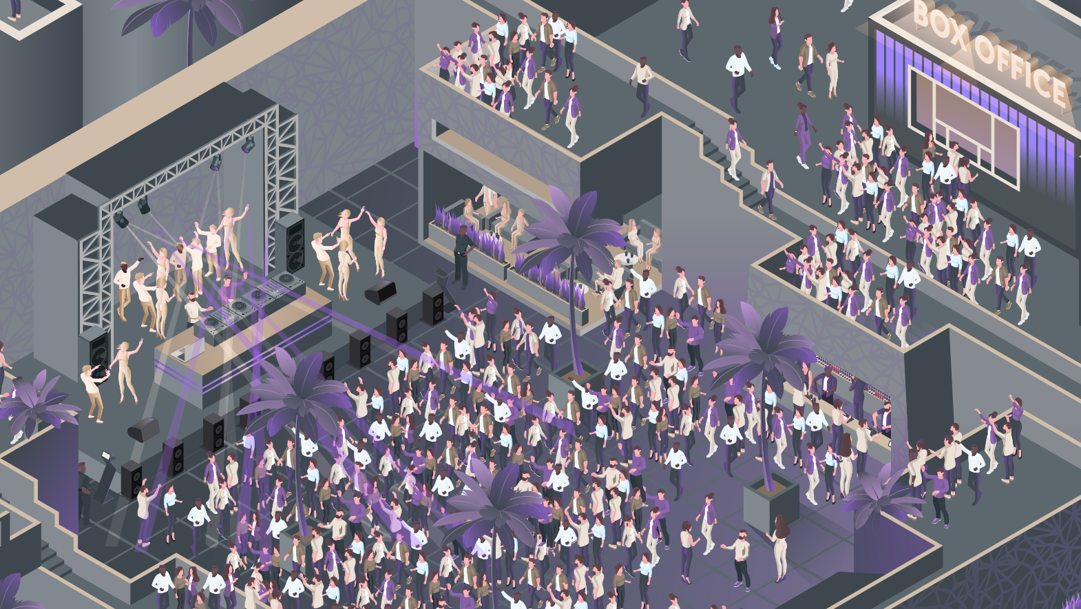 Illustrated festival venue at night: a crowded dancefloor, bars, entrance queues and staff working under low light