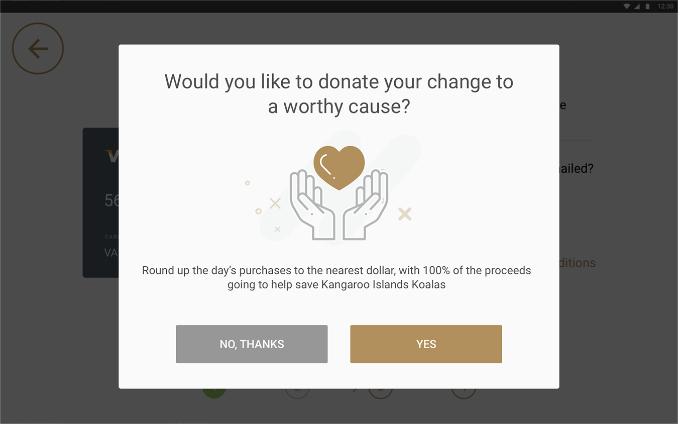 Billfold guest screens prompting a round-up donation at check-in and a hydration message at the bar