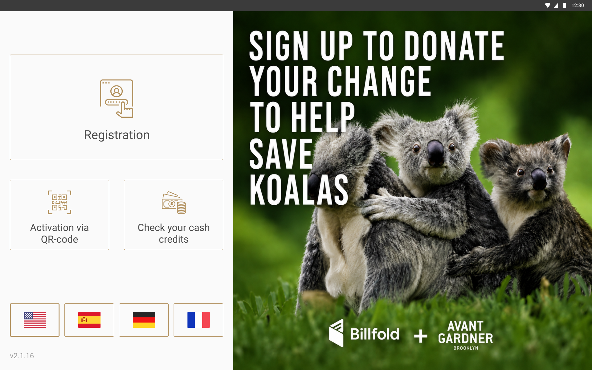 Kiosk home screen with registration, QR activation and cash credit options on the left, and a donation campaign on the right