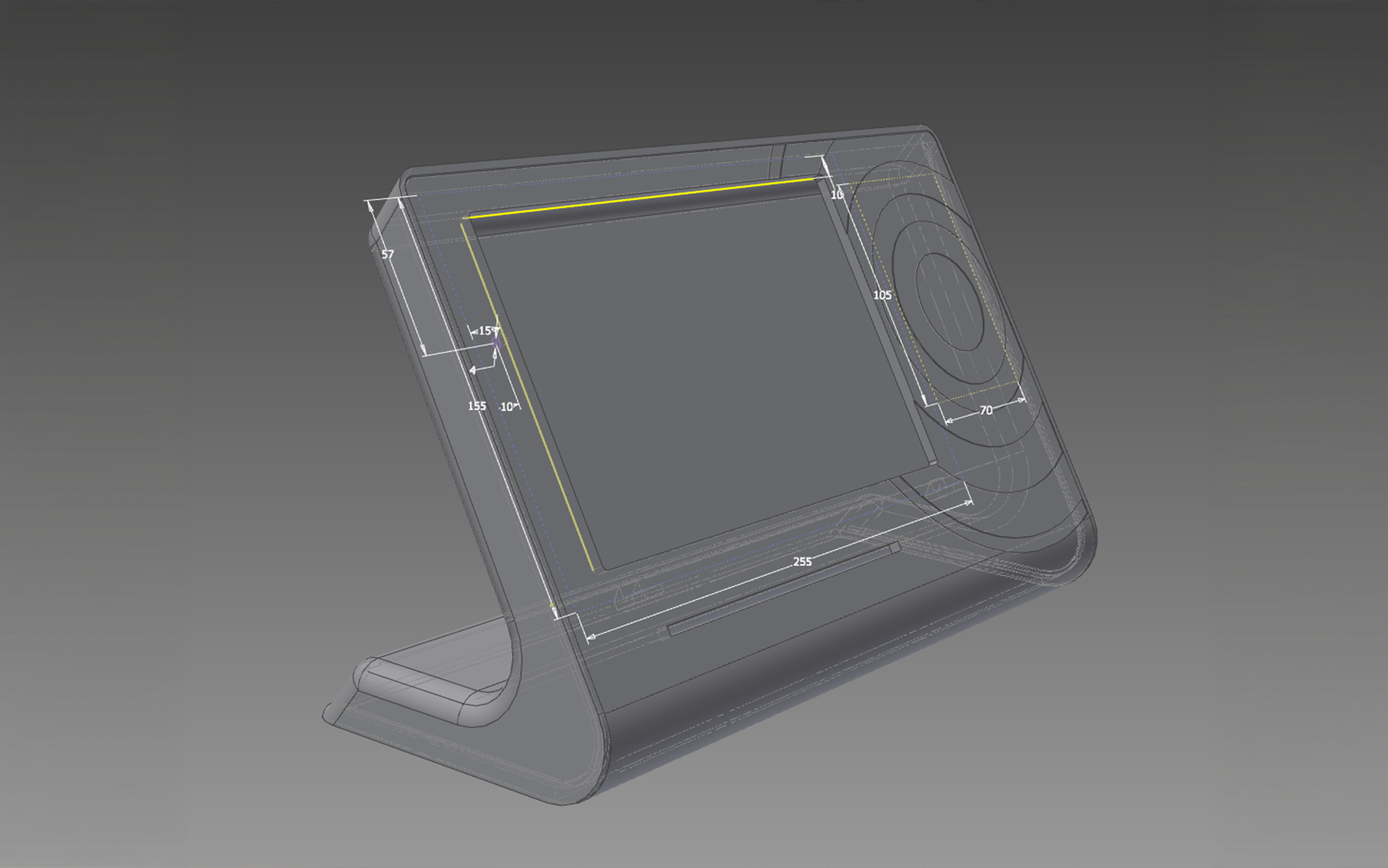 Technical drawings of the first Billfold housing showing screen, RFID zone and card reader layout