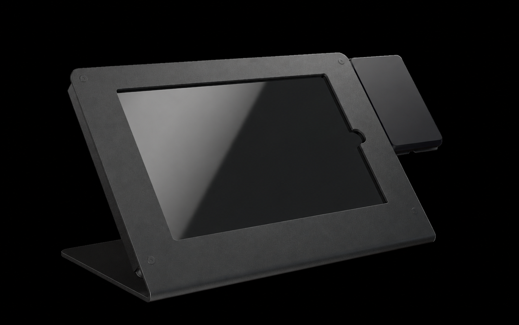 3D render of the shipped Billfold case with the tablet seated inside and an external RFID reader