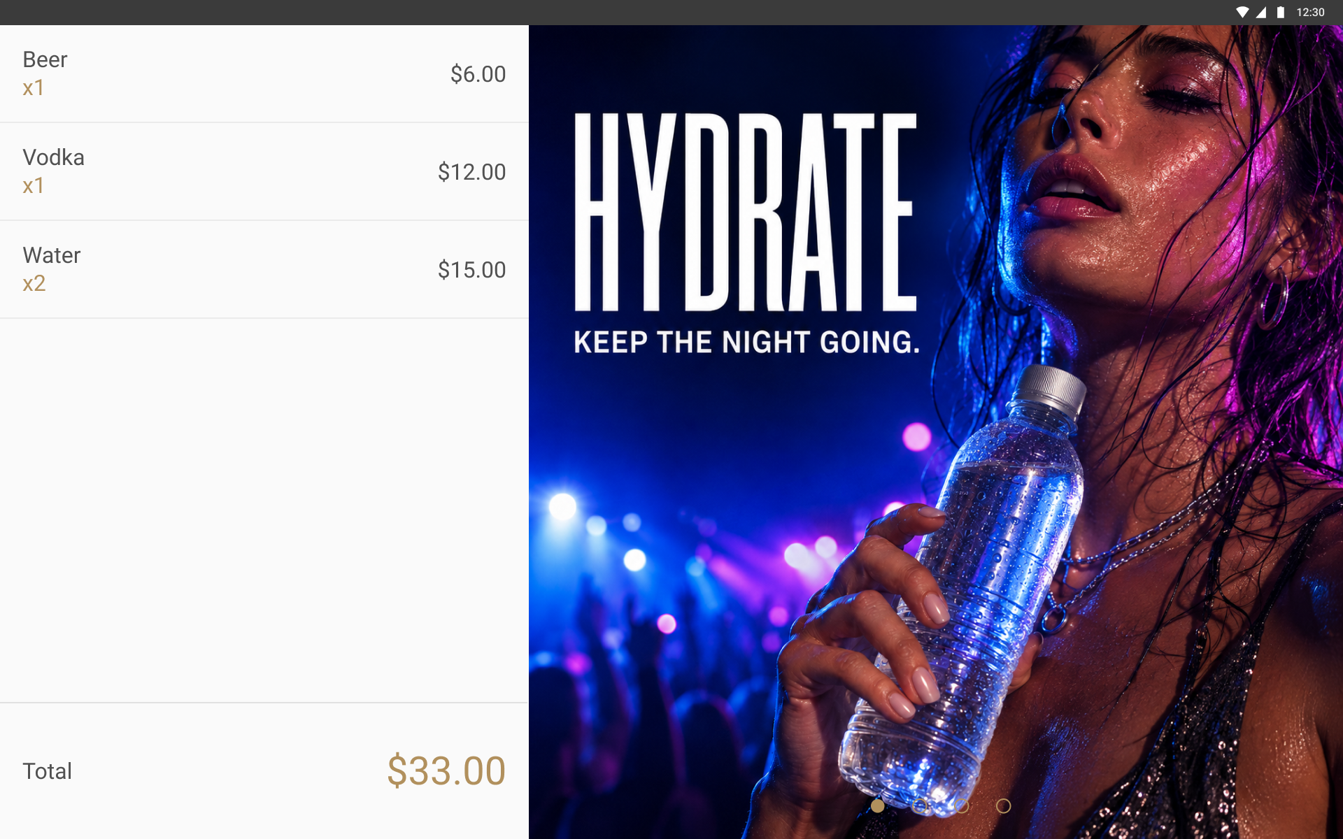 Guest screen showing the order line by line with a hydration campaign beside it