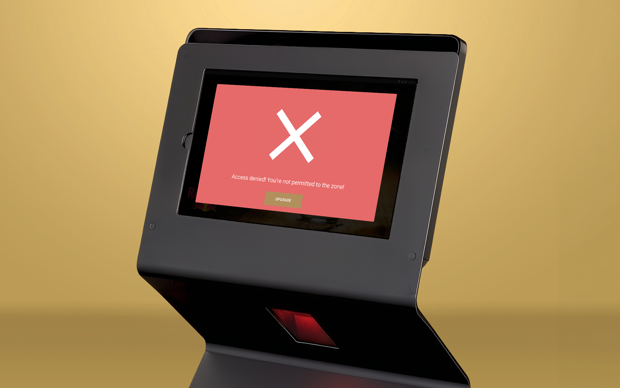 Render of the access control kiosk showing a refused entry to a restricted zone, with an upgrade option