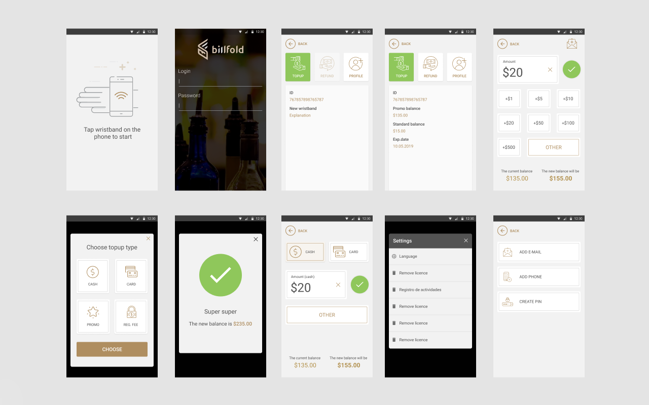 Ten phone screens showing the same top-up flow: tap the wristband, staff login, wristband profile, amount selection, payment type and settings