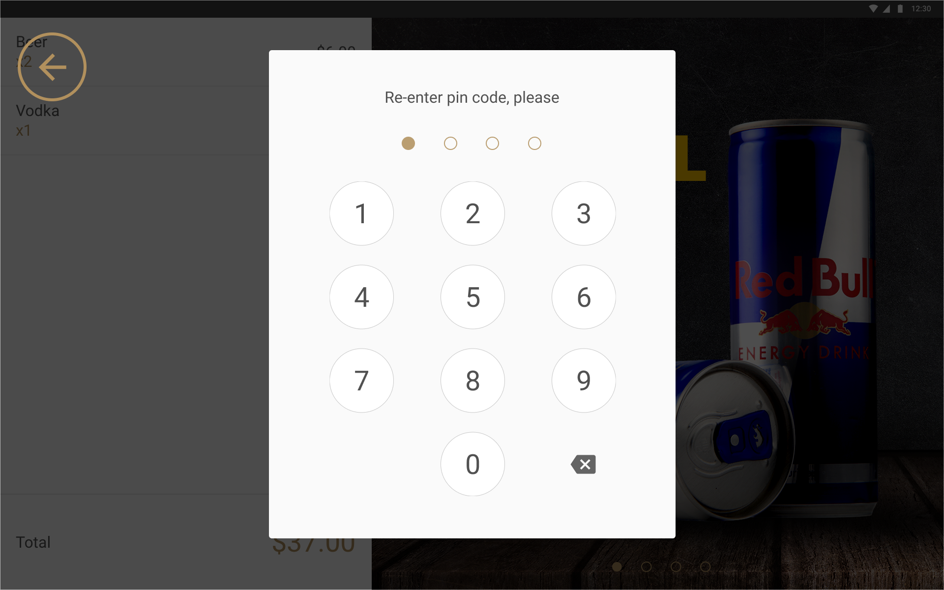 Guest screen asking for a four-digit PIN, with the order dimmed behind it