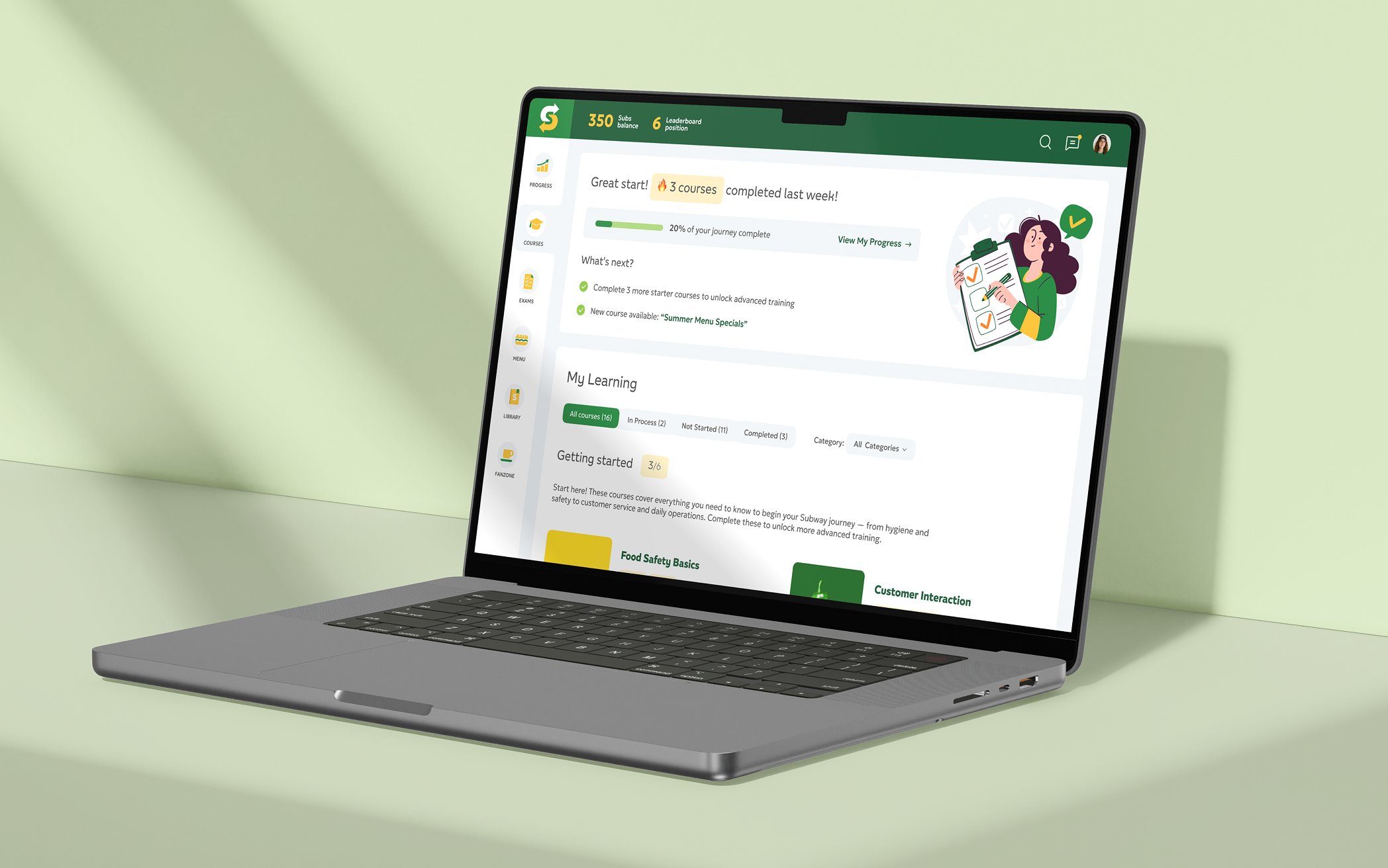 Employee training dashboard and course modules in the Subway Russia learning platform