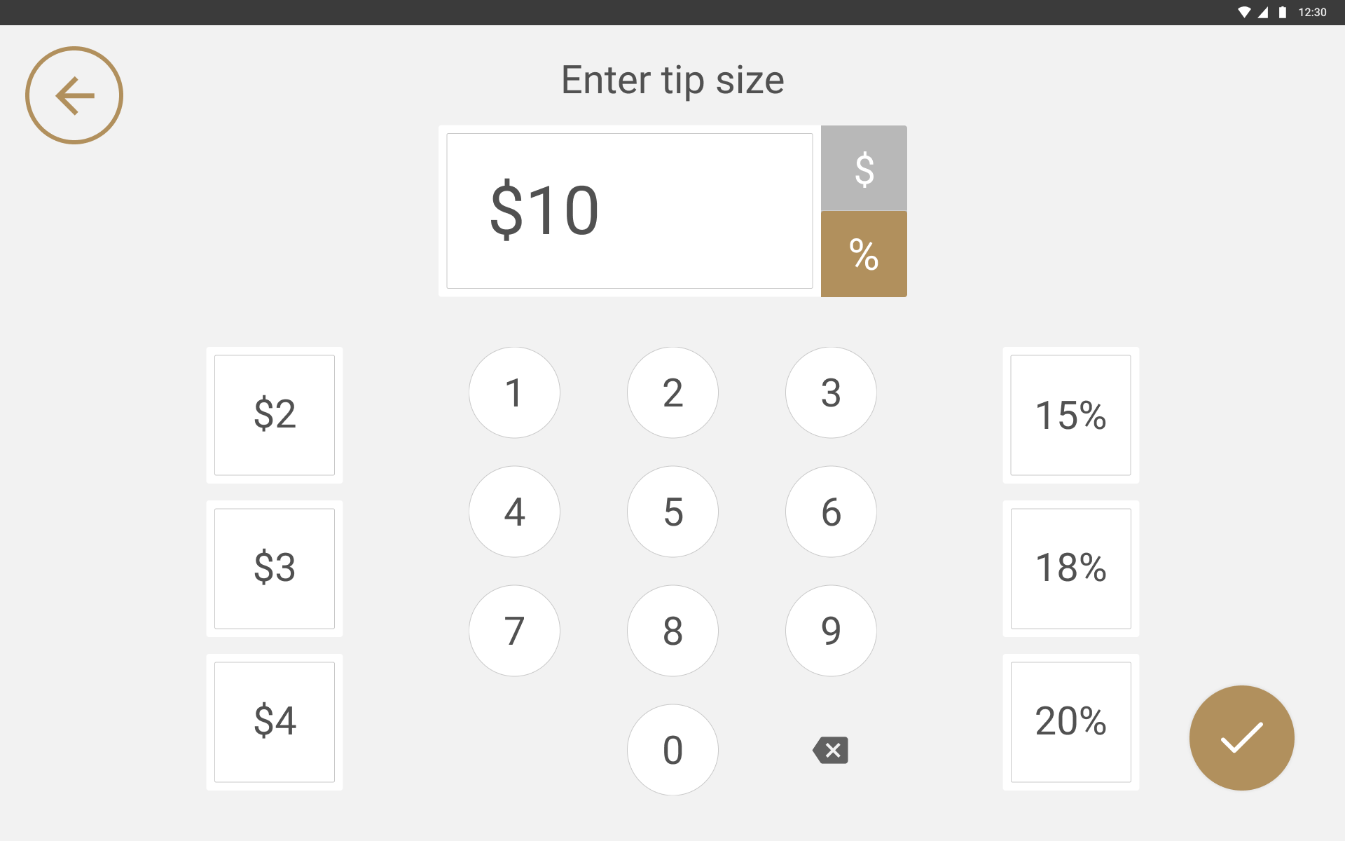 Tip screen with fixed amounts, percentages and a keypad